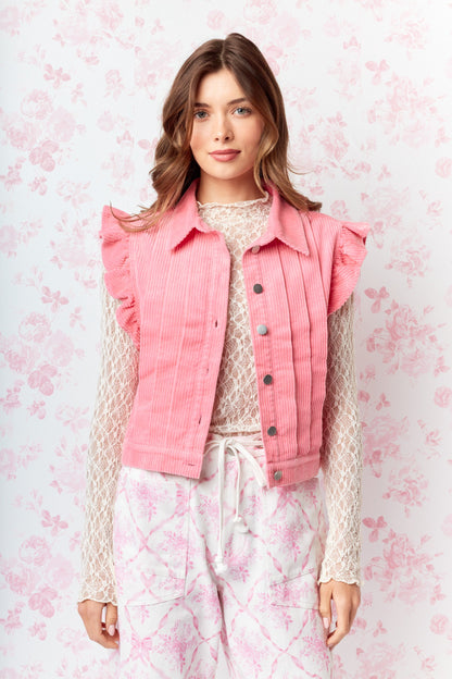 Pink Ruffled Corduroy Vest combines vintage charm with a modern twist. Crafted from soft washed corduroy fabric.