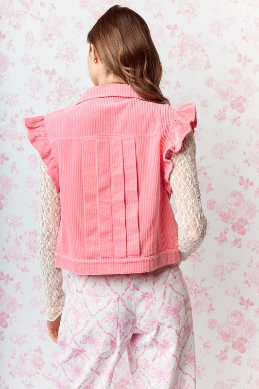 Pink Ruffled Corduroy Vest combines vintage charm with a modern twist. Crafted from soft washed corduroy fabric.