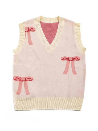 Bow Sweater Vest featuring an all-over bow design, this is a sleeveless sweater vest with a V-neckline. 