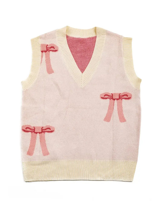 Bow Sweater Vest featuring an all-over bow design, this is a sleeveless sweater vest with a V-neckline. 
