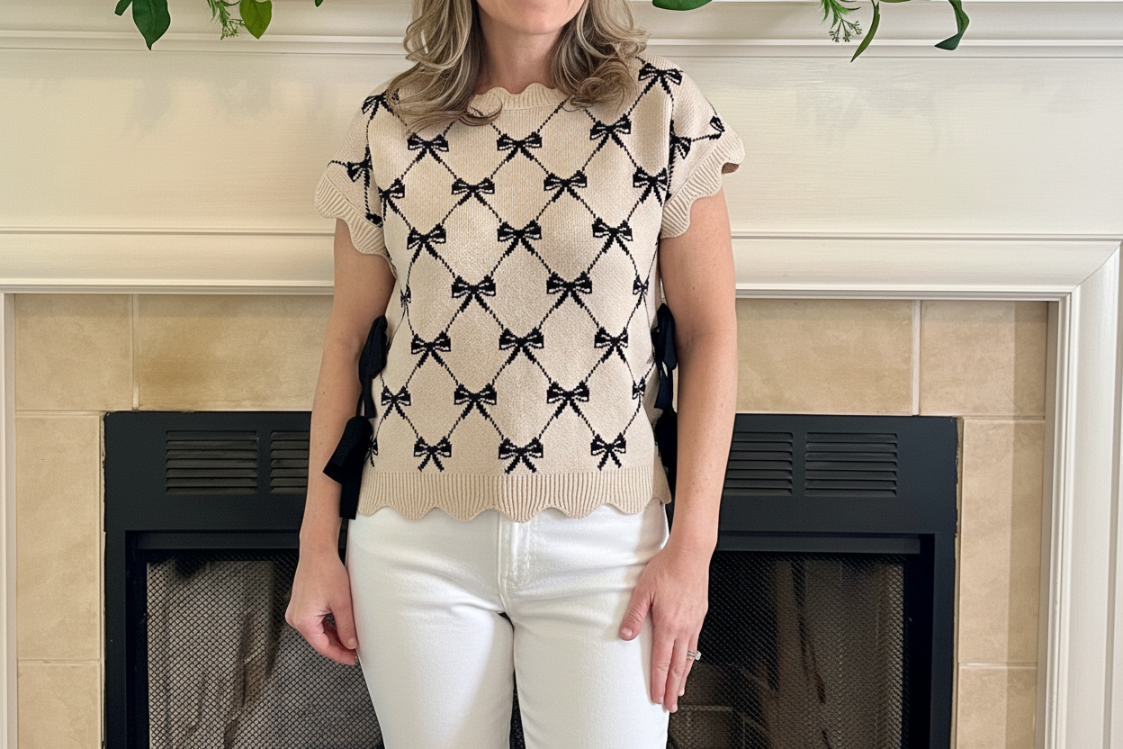 Woman wearing a beige sweater with black bow pattern in front of a fireplace.