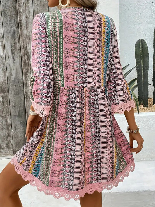 Pink Boho Lace Trim Mini Dress is a vibrant and breezy piece that captures effortless bohemian charm. Featuring a deep V-neckline and 3/4-length bell sleeves.