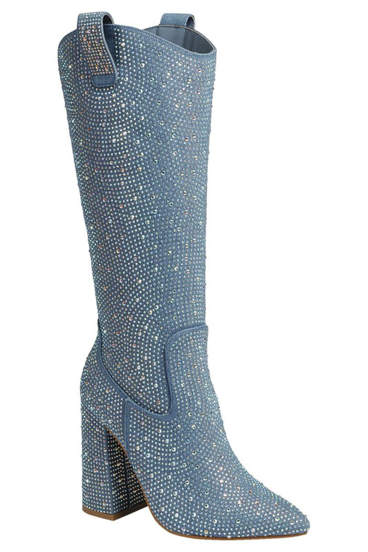 Denim Rhinestone Knee-High Boots are a stunning blend of glamour and sophistication, perfect for making a bold fashion statement. 