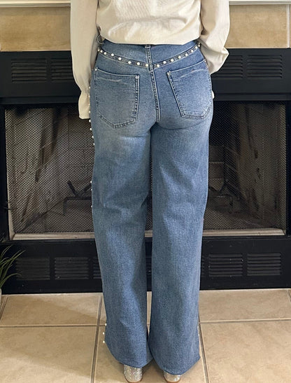 Haisley Pearl-Detail High-Rise Wide-Leg Jeans