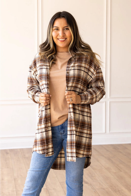 Plaid Flannel Shirt Dress is a versatile wardrobe essential that works beautifully as both a dress and a lightweight jacket.