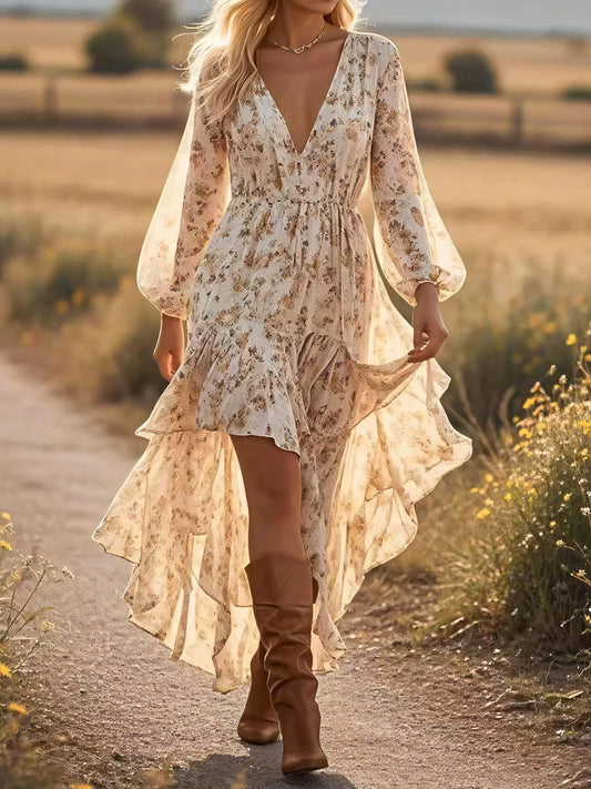 Cream Floral Ruffle Maxi Dress is a dreamy and romantic piece that exudes effortless elegance. Featuring a deep V-neckline and long, sheer sleeves.