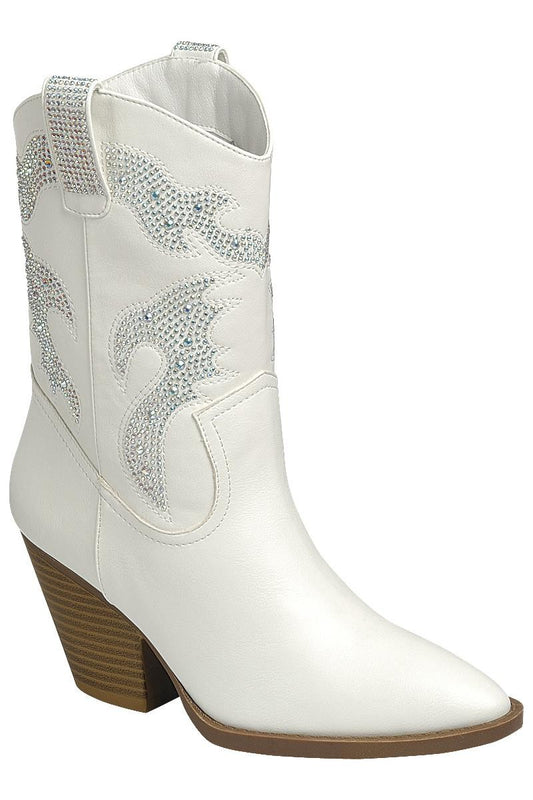 Rhinestone Western Booties offer a chic and modern twist to classic cowboy boot styling. Featuring a crisp white finish and dazzling rhinestone embellishments in a western-inspired design.