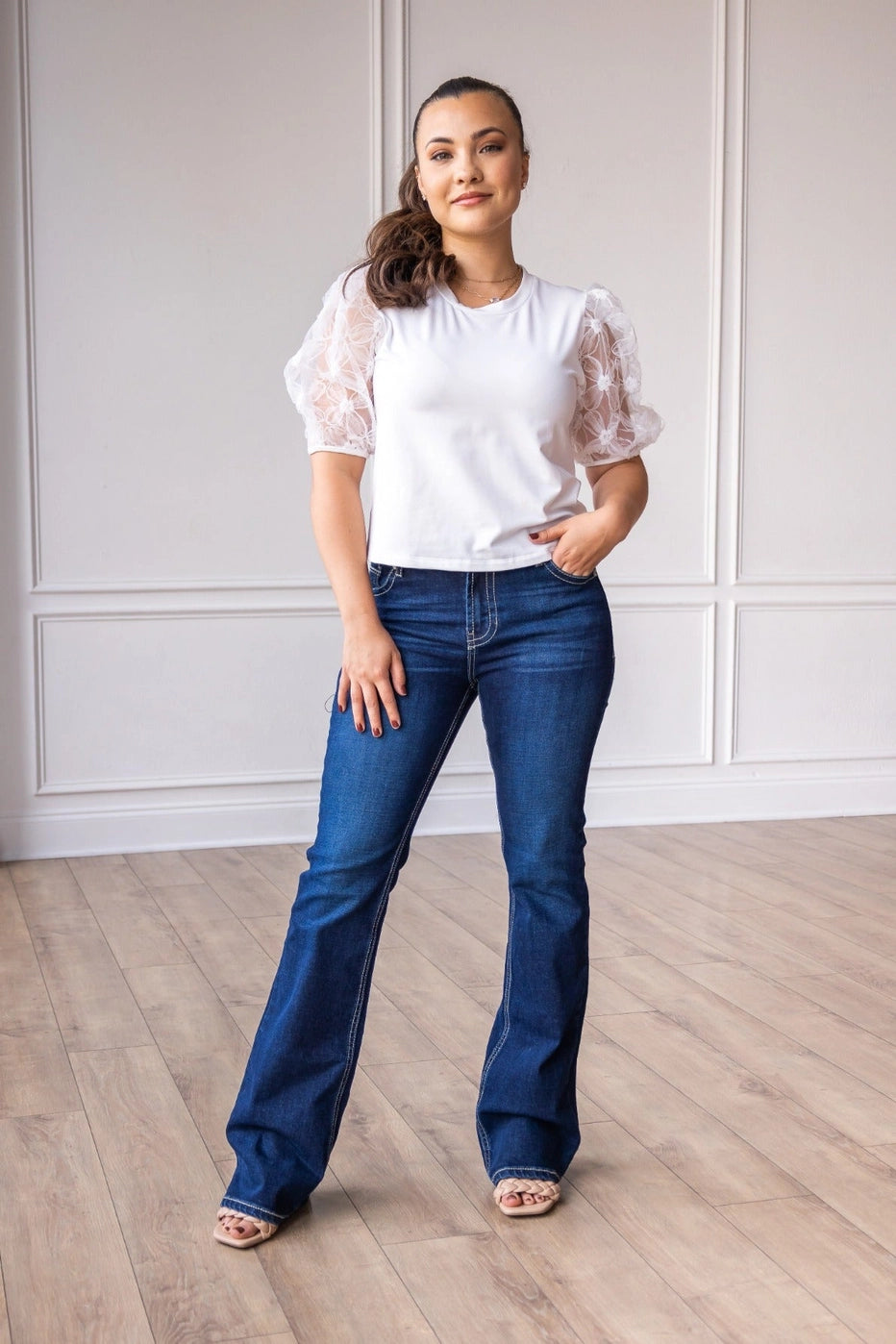 White Lace Puff Sleeve Top is a perfect combination of elegance and simplicity. Featuring delicate sheer lace puff sleeves and a classic boat neckline. 