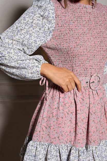  Pink Belted Tiered Floral Smock Dress. 