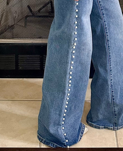 Haisley Pearl-Detail High-Rise Wide-Leg Jeans