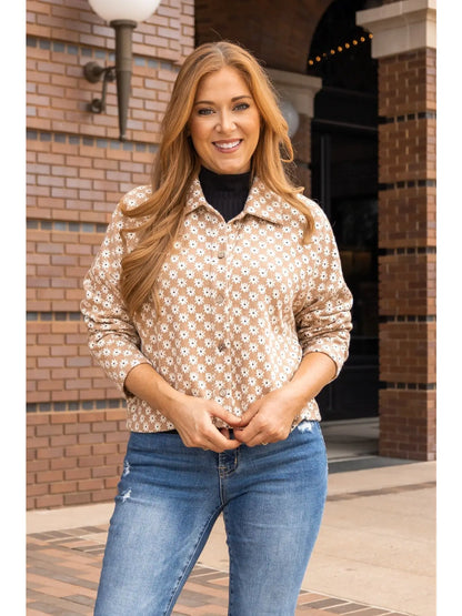 Floral Cropped Jacket is a versatile and stylish addition to your wardrobe. Featuring a charming daisy print and a cropped fit.