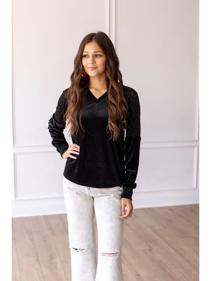 Sophia Velvet Leopard Sleeve Top