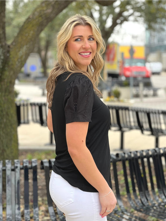 Eyelet Puff Sleeve Top is a chic and versatile wardrobe essential. Featuring elegant eyelet puff sleeves and a flattering silhouette.