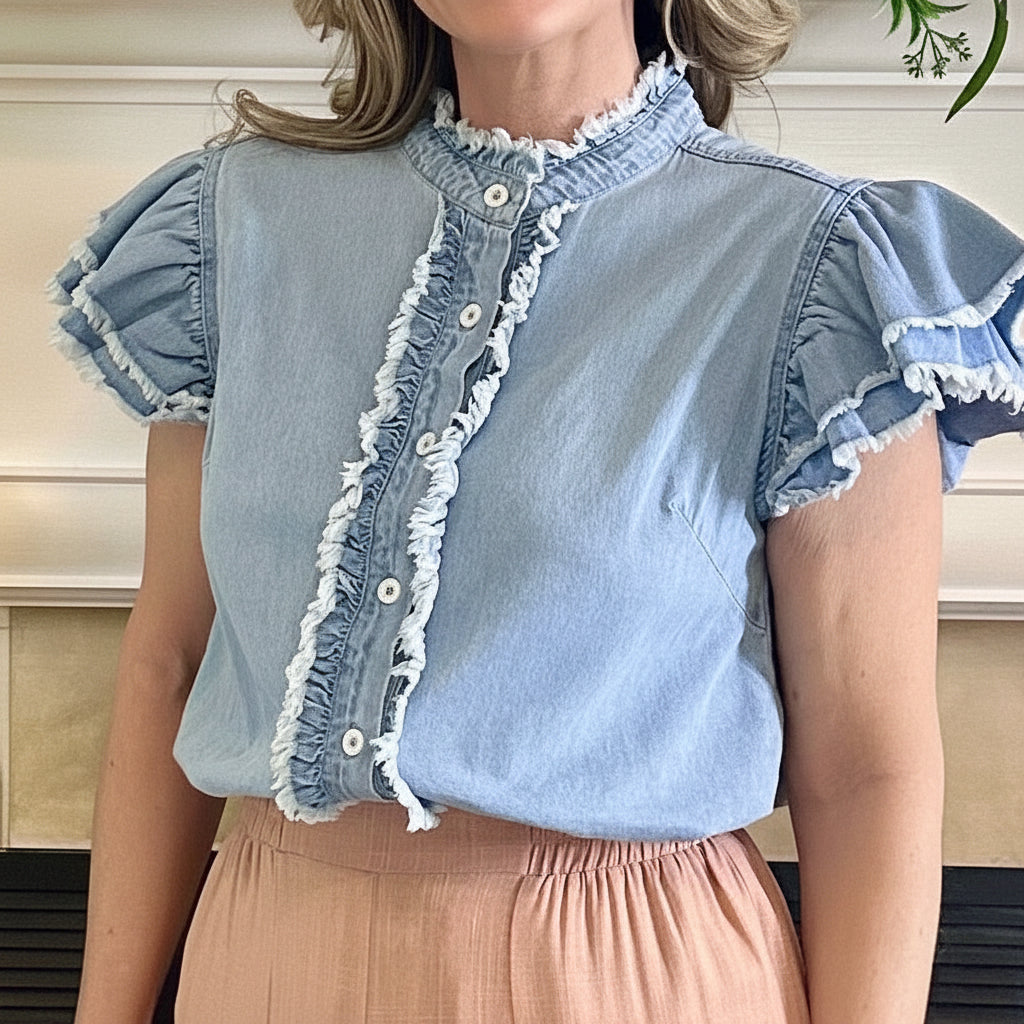 Person wearing a light blue denim top with ruffled details in a home setting.