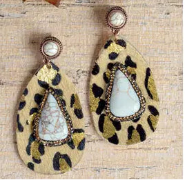 Leopard print earrings with teardrop design on a textured surface.