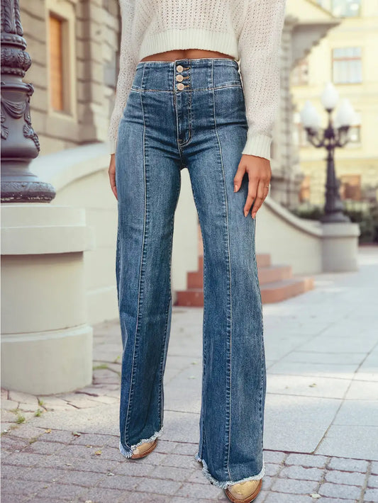 High-Waisted Wide-Leg Jeans are a modern twist on a timeless classic. Crafted from a premium blend of cotton, polyester, and elastane, these jeans offer both comfort and a flattering fit.