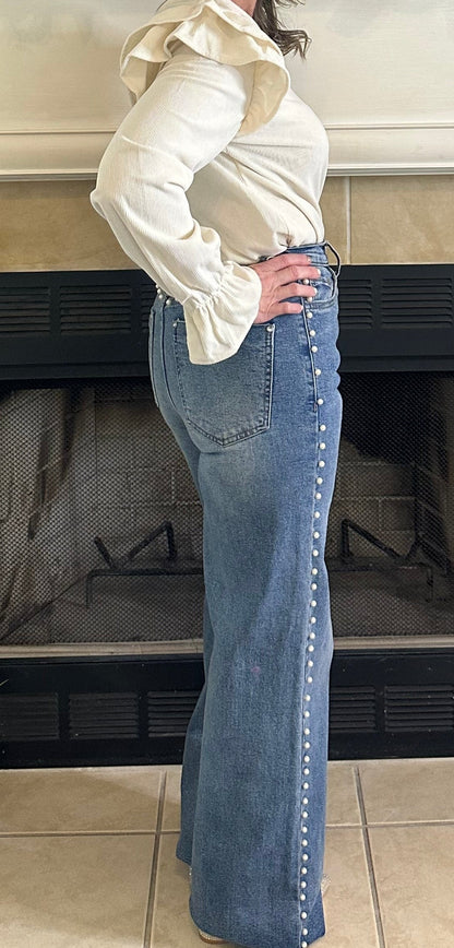 Haisley Pearl-Detail High-Rise Wide-Leg Jeans