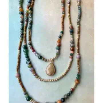 Stack of beaded necklaces on a light background