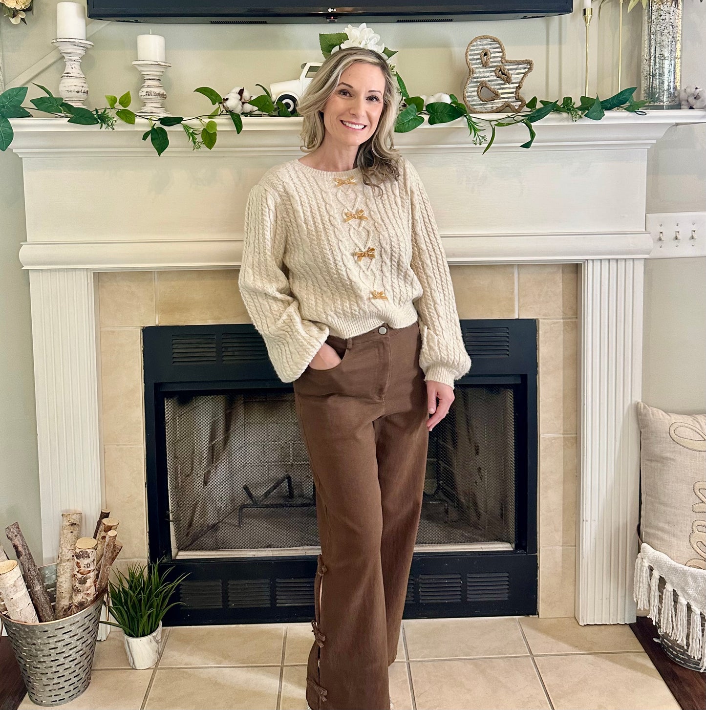 Ashlyn Velvet Bow Cable Knit Sweater