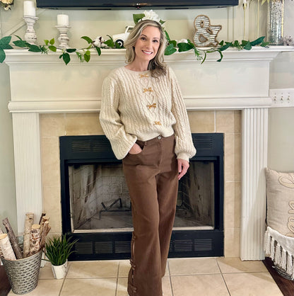 Ashlyn Velvet Bow Cable Knit Sweater