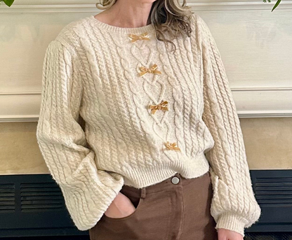 Ashlyn Velvet Bow Cable Knit Sweater