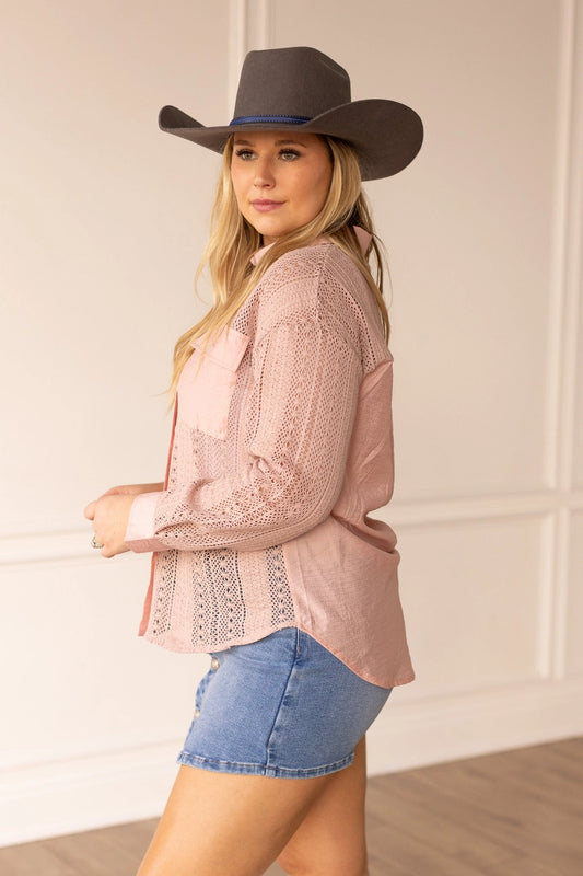  Lace Button-Up Shirt exudes boho elegance with its intricate lace detailing and timeless button-up design.