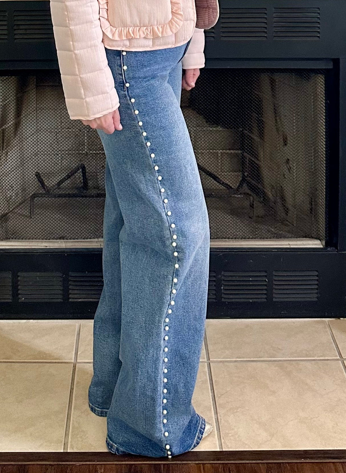 Haisley Pearl-Detail High-Rise Wide-Leg Jeans