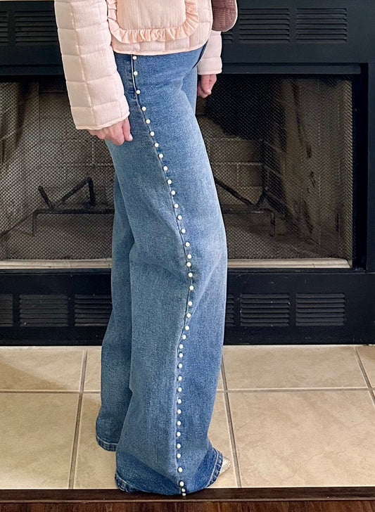 Haisley Pearl-Detail High-Rise Wide-Leg Jeans