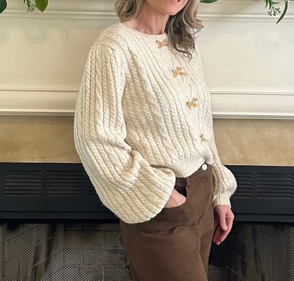 Ashlyn Velvet Bow Cable Knit Sweater