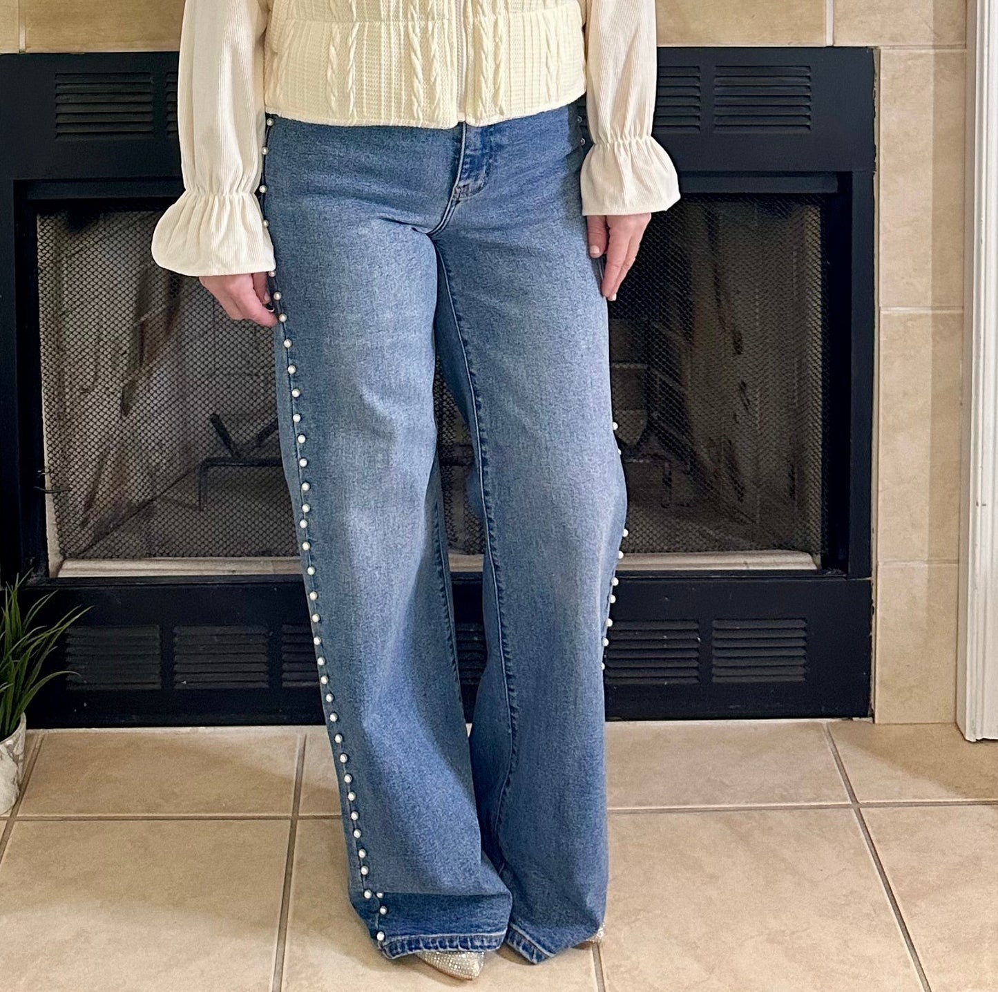 Haisley Pearl-Detail High-Rise Wide-Leg Jeans