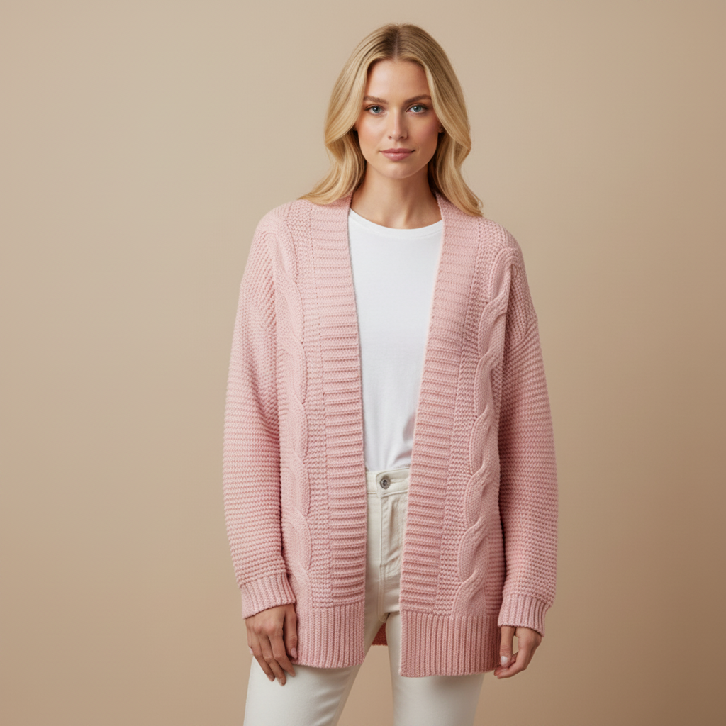 Woman wearing a pink cardigan over a white shirt and pants on a beige background