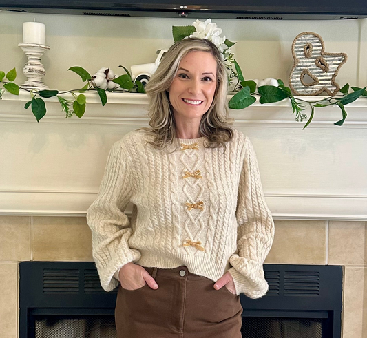 Ashlyn Velvet Bow Cable Knit Sweater