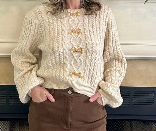 Ashlyn Velvet Bow Cable Knit Sweater
