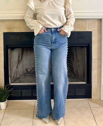 Haisley Pearl-Detail High-Rise Wide-Leg Jeans