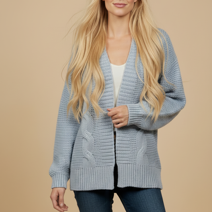 Woman wearing a light blue cardigan against a beige background