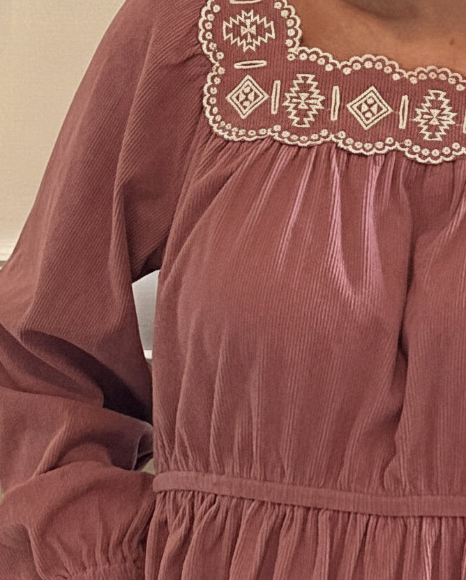 Drew Embroidered Corduroy Mini Dress