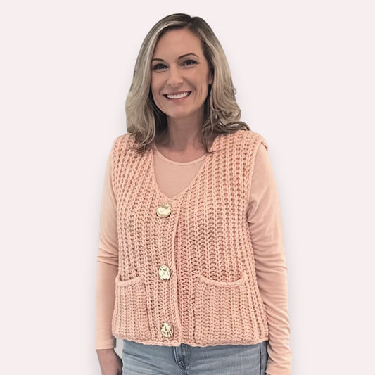Knit Button-Front Vest is a cozy and stylish layering piece, perfect for adding texture to your outfit.