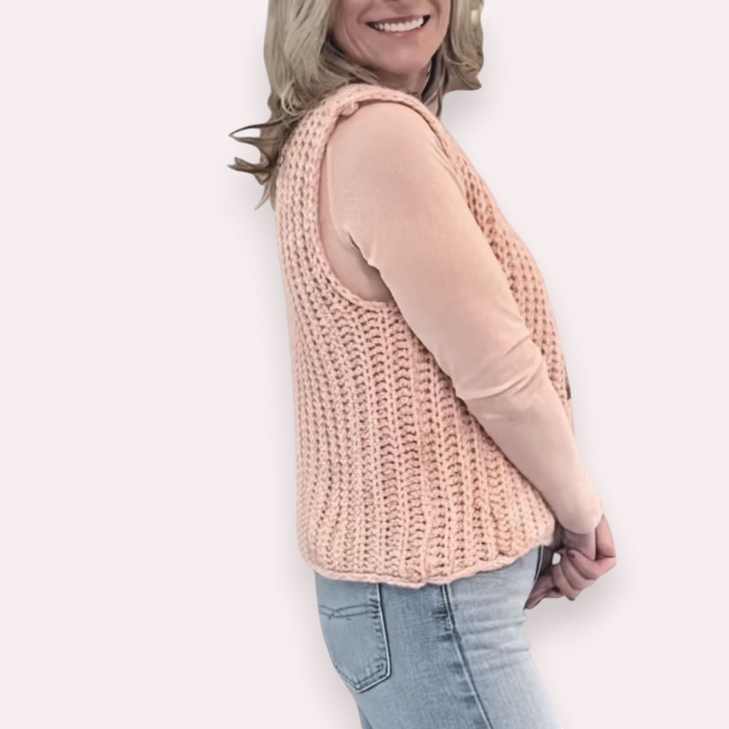 Knit Button-Front Vest is a cozy and stylish layering piece, perfect for adding texture to your outfit.