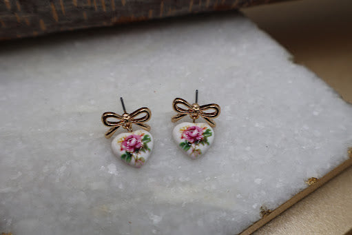 Vintage Floral Heart Drop Earrings