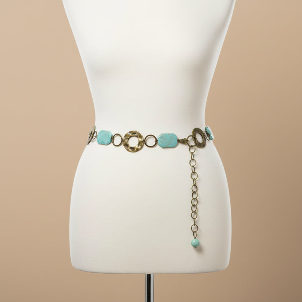 Belt with turquoise stones and gold-like accents on a mannequin 