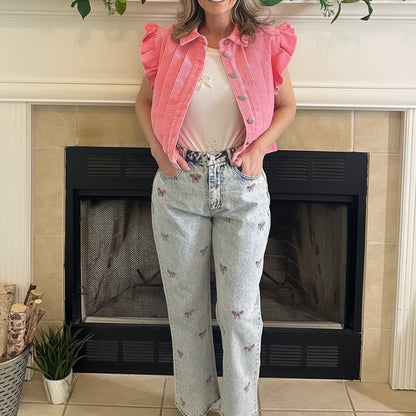 Pink Ruffled Corduroy Vest combines vintage charm with a modern twist. Crafted from soft washed corduroy fabric.