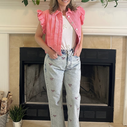 Pink Ruffled Corduroy Vest combines vintage charm with a modern twist. Crafted from soft washed corduroy fabric.