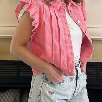 Pink Ruffled Corduroy Vest combines vintage charm with a modern twist. Crafted from soft washed corduroy fabric.