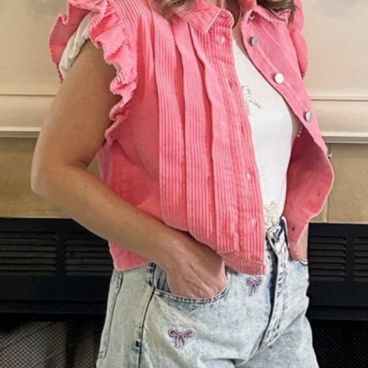 Pink Ruffled Corduroy Vest combines vintage charm with a modern twist. Crafted from soft washed corduroy fabric.