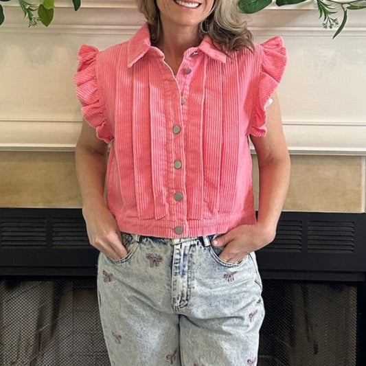 Pink Ruffled Corduroy Vest combines vintage charm with a modern twist. Crafted from soft washed corduroy fabric.