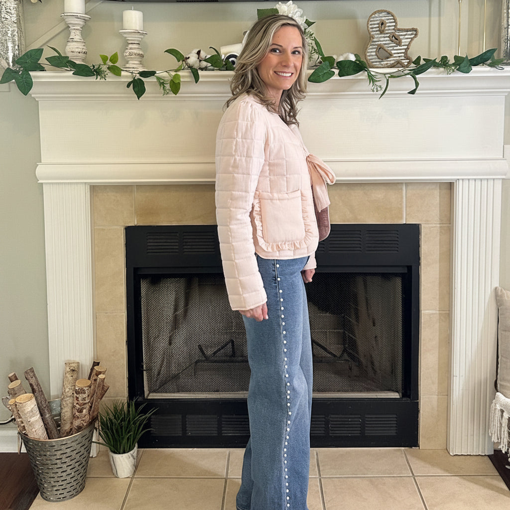 Reversible Quilted Jacket is a versatile and stylish layering piece that combines comfort with timeless charm. Crafted from voile fabric, this jacket features a quilted, patchwork print design and a flattering V-neckline. 