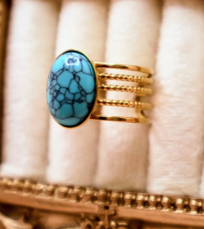 Ring embodies the essence of natural beauty and bohemian elegance. Featuring an oval turquoise stone with captivating veining, set on a layered gold-tone band.