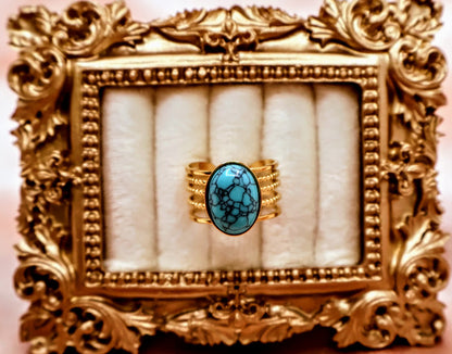 Ring embodies the essence of natural beauty and bohemian elegance. Featuring an oval turquoise stone with captivating veining, set on a layered gold-tone band.