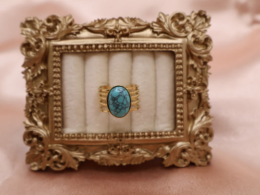 Ring embodies the essence of natural beauty and bohemian elegance. Featuring an oval turquoise stone with captivating veining, set on a layered gold-tone band.