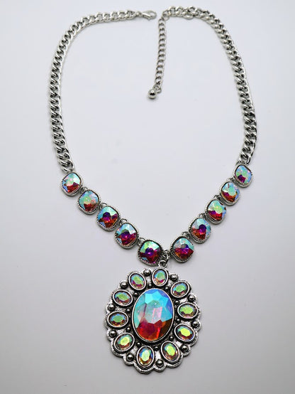Necklace with a stunning array of shimmering opal-like stones and silver chains.  